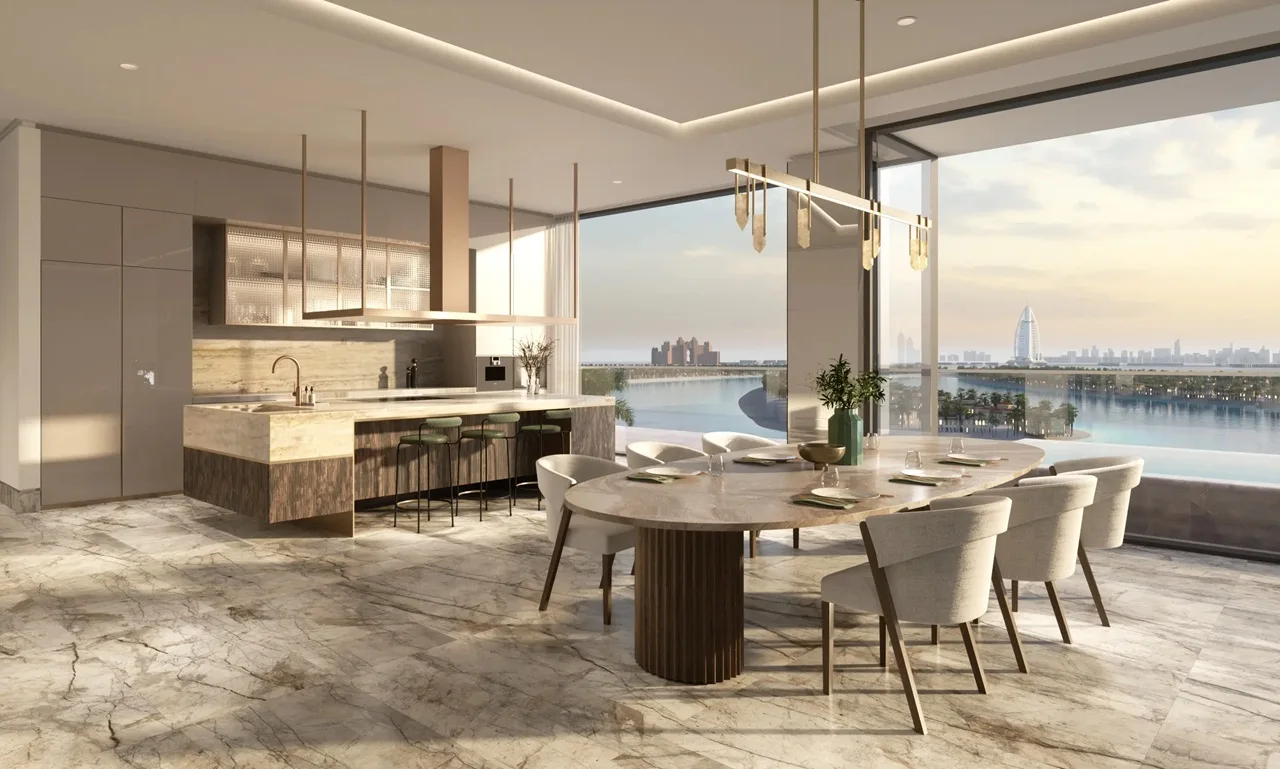 Six Senses Residences The Palm by Select Group luxury dining area with waterfront skyline views in Dubai - Presented by Tohid Fetrat