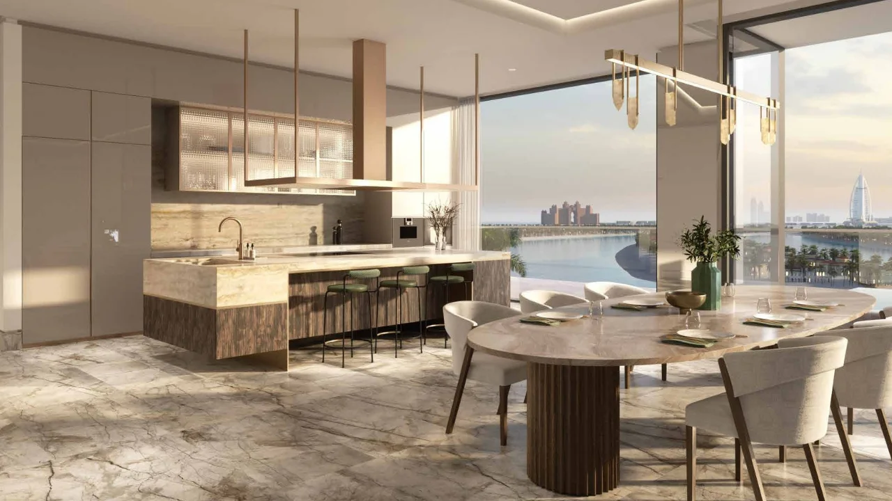 Six Senses Residences The Palm by Select Group luxury dining and kitchen area with waterfront views in Dubai - Presented by Tohid Fetrat