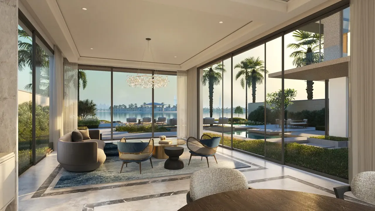 Six Senses Residences The Palm by Select Group luxury living room with waterfront garden views in Dubai - Presented by Tohid Fetrat