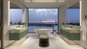 Six Senses Residences The Palm by Select Group luxury bathroom interior with panoramic waterfront views in Dubai - Presented by Tohid Fetrat