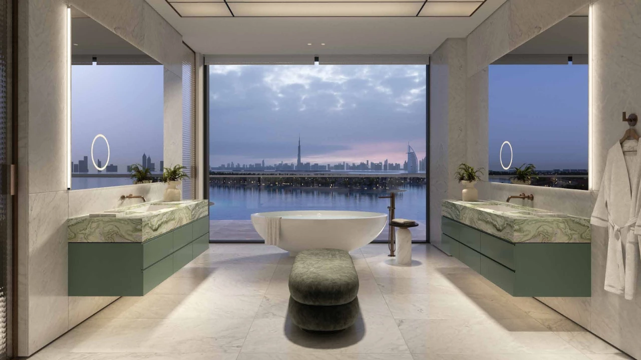 Six Senses Residences The Palm by Select Group luxury bathroom interior with panoramic waterfront views in Dubai - Presented by Tohid Fetrat