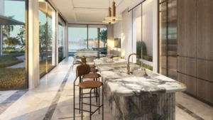 Six Senses Residences The Palm by Select Group marble kitchen interior with waterfront views in Dubai - Presented by Tohid Fetrat