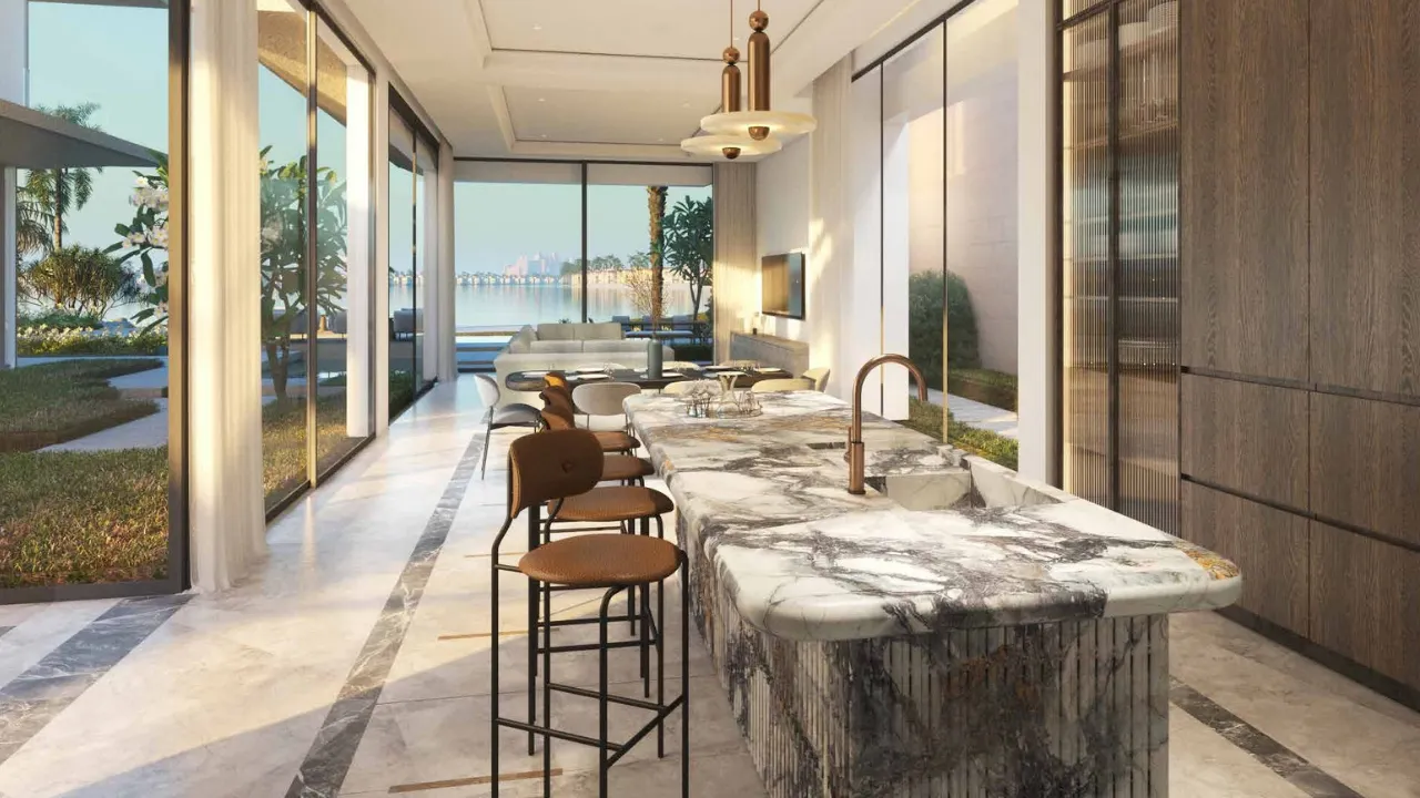 Six Senses Residences The Palm by Select Group marble kitchen interior with waterfront views in Dubai - Presented by Tohid Fetrat
