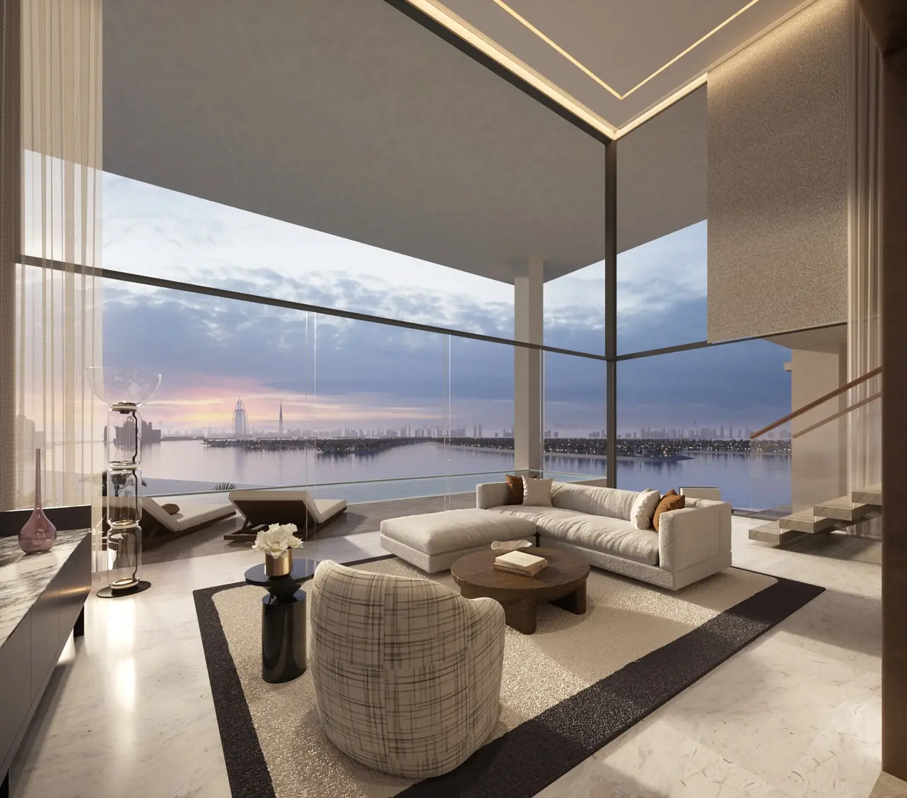 Six Senses Residences The Palm by Select Group luxury penthouse living room with panoramic waterfront views in Dubai - Presented by Tohid Fetrat