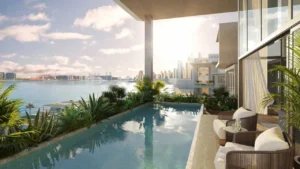 Six Senses Residences The Palm by Select Group private pool terrace with waterfront skyline views in Dubai - Presented by Tohid Fetrat
