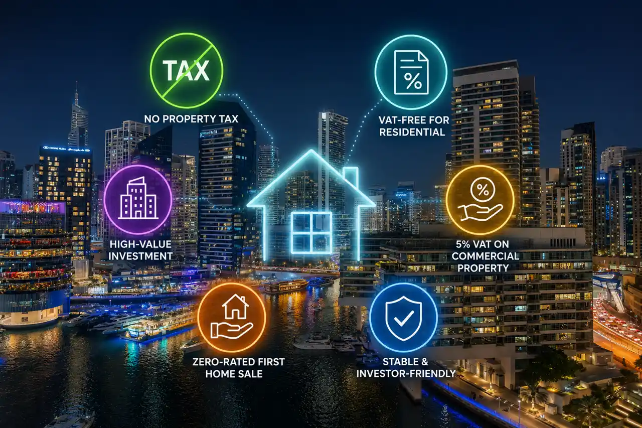 Dubai Marina skyline with tax and VAT icons explaining taxes and VAT on Dubai property investments Presented by Tohid Fetrat