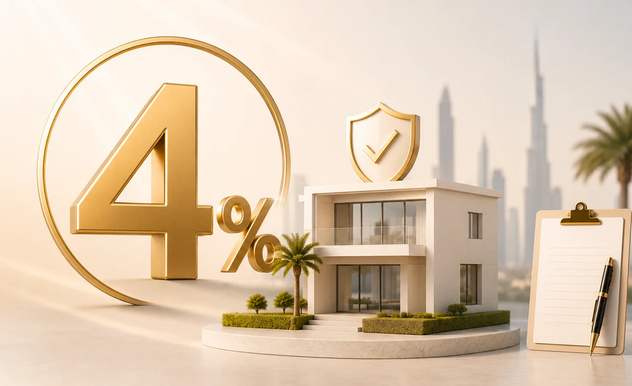 Luxury property illustration showing the DLD 4 percent transfer fee for Dubai real estate transactions Presented by Tohid Fetrat