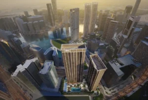 The Edge by Select Group aerial tower view overlooking Dubai canal and skyline in Dubai - Presented by Tohid Fetrat