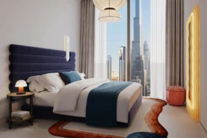 The Edge by Select Group luxury bedroom interior with Burj Khalifa skyline view in Dubai - Presented by Tohid Fetrat