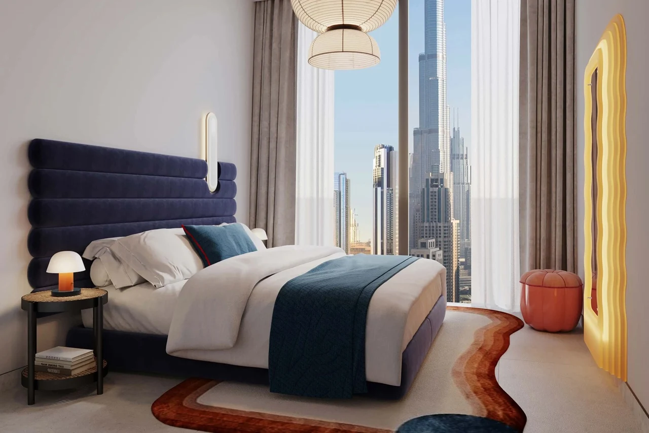 The Edge by Select Group luxury bedroom interior with Burj Khalifa skyline view in Dubai - Presented by Tohid Fetrat