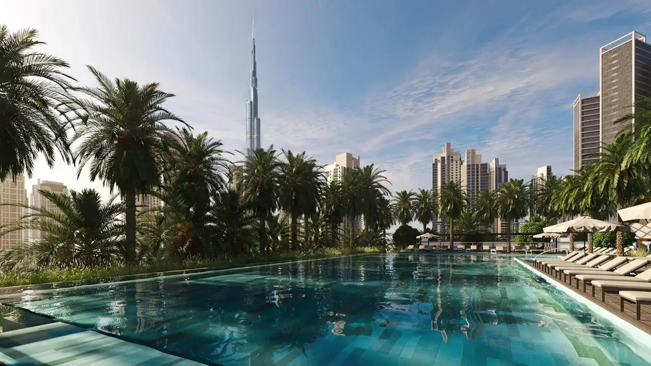 The Edge by Select Group infinity pool with Burj Khalifa skyline view in Dubai - Presented by Tohid Fetrat