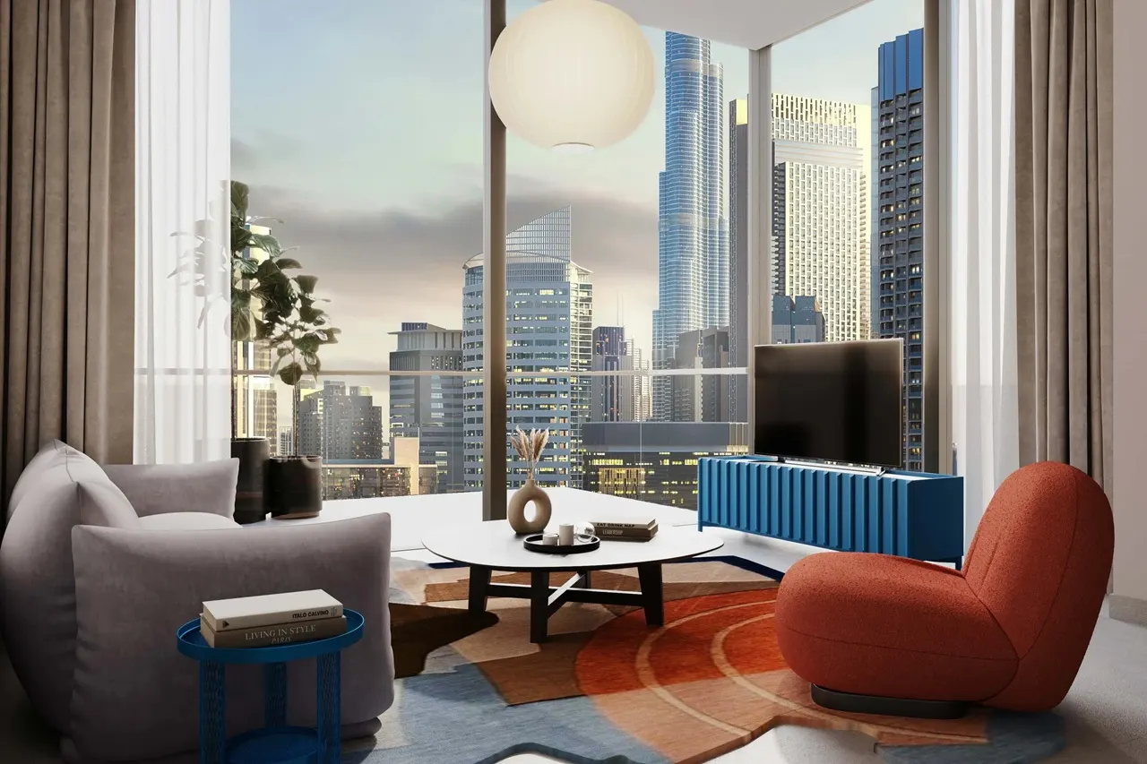 The Edge by Select Group modern living area with Burj Khalifa skyline view in Dubai - Presented by Tohid Fetrat