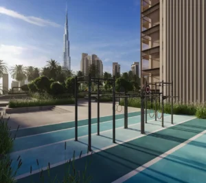 The Edge by Select Group outdoor fitness area with Burj Khalifa skyline view in Dubai - Presented by Tohid Fetrat