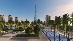The Edge by Select Group outdoor sports court and pool area with Burj Khalifa view in Dubai - Presented by Tohid Fetrat