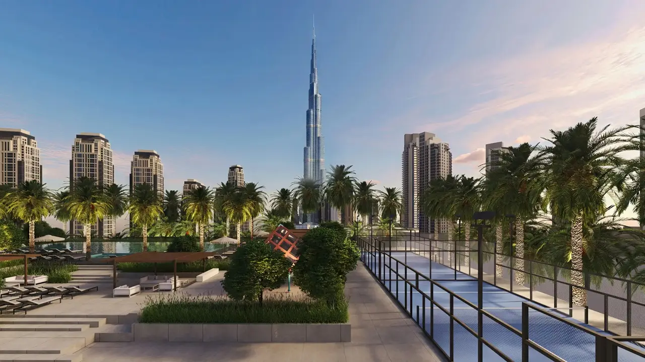 The Edge by Select Group outdoor sports court and pool area with Burj Khalifa view in Dubai - Presented by Tohid Fetrat