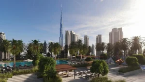 The Edge by Select Group pool deck and outdoor leisure area with Burj Khalifa view in Dubai - Presented by Tohid Fetrat