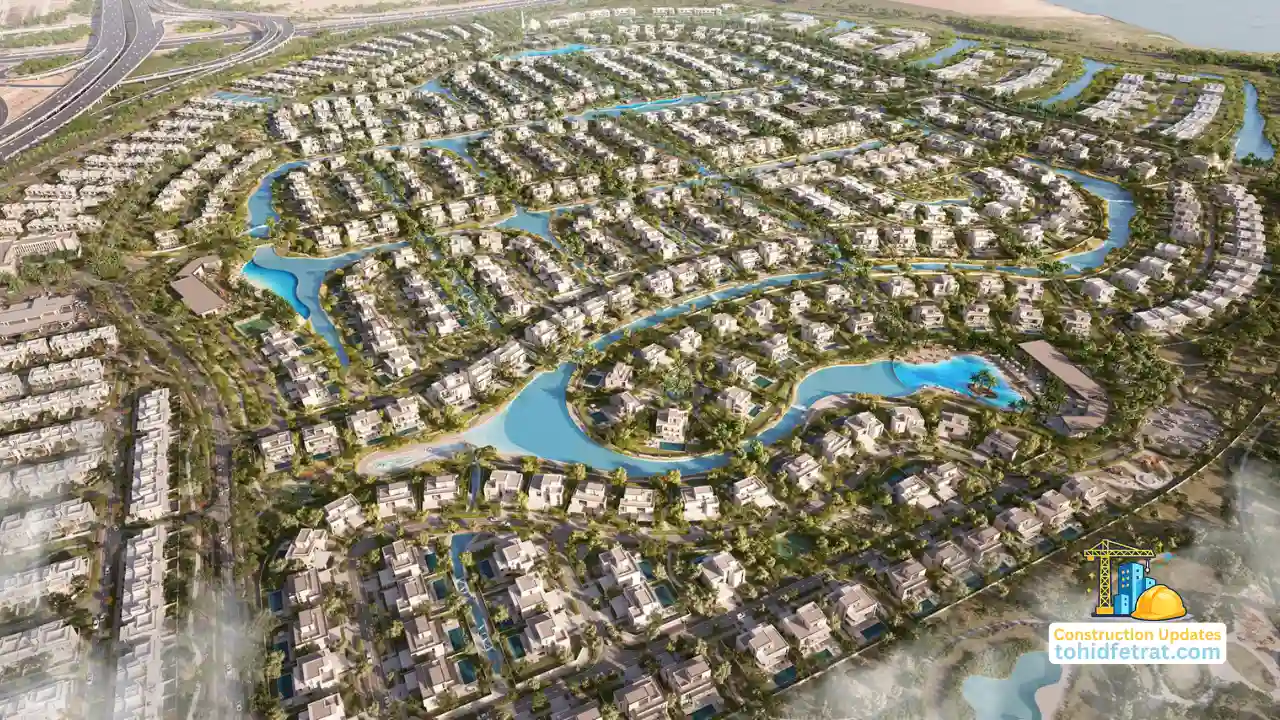 The Oasis Construction Updates aerial masterplan view showcasing waterfront villas, interconnected lagoons, landscaped neighborhoods and large scale luxury community development in Dubai. Presented by Tohid Fetrat