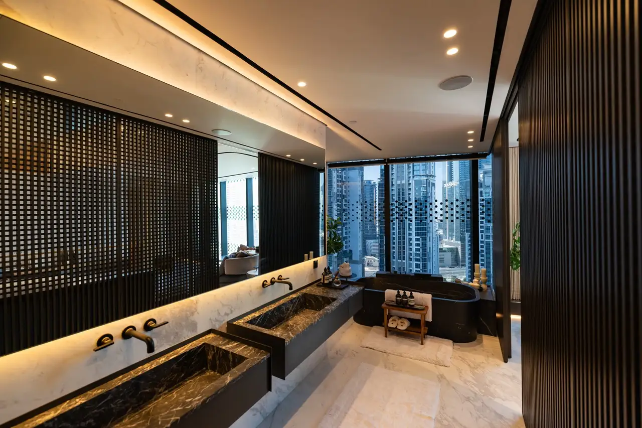 The Opus Penthouse by OMNIYAT luxury bathroom suite with marble finishes, double vanity, and skyline views in Dubai - Presented by Tohid Fetrat