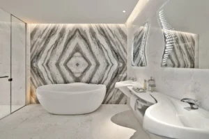 The Opus Residences by OMNIYAT luxury 2 bedroom marble bathroom interior with freestanding bathtub in Dubai - Presented by Tohid Fetrat