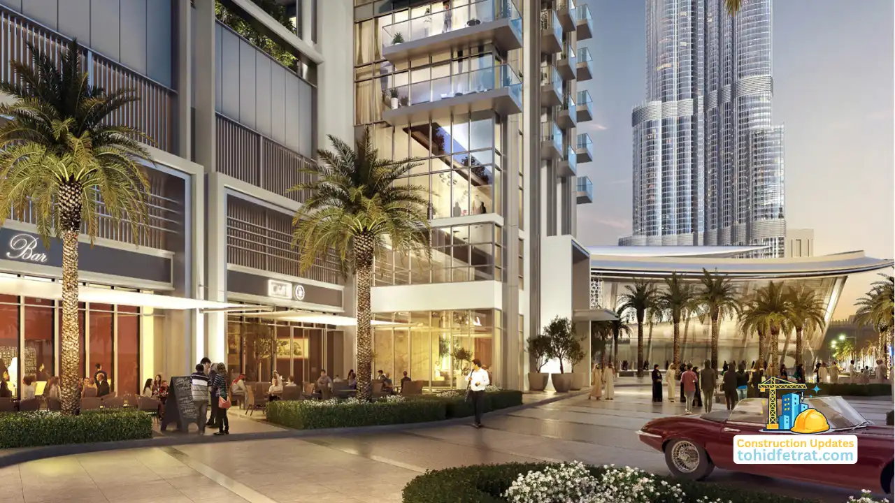 The St. Regis Residences Construction Update February 2026 featuring street level retail spaces, luxury residential architecture and pedestrian friendly surroundings in Downtown Dubai. Presented by Tohid Fetrat