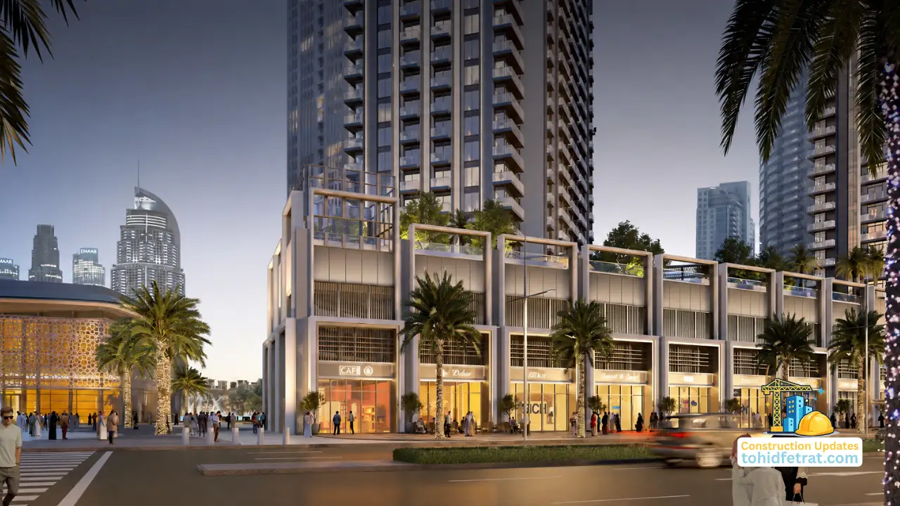 The St. Regis Residences Construction Update June 2025 featuring retail podium spaces, luxury residential towers and active streetscape within Downtown Dubai. Presented by Tohid Fetrat