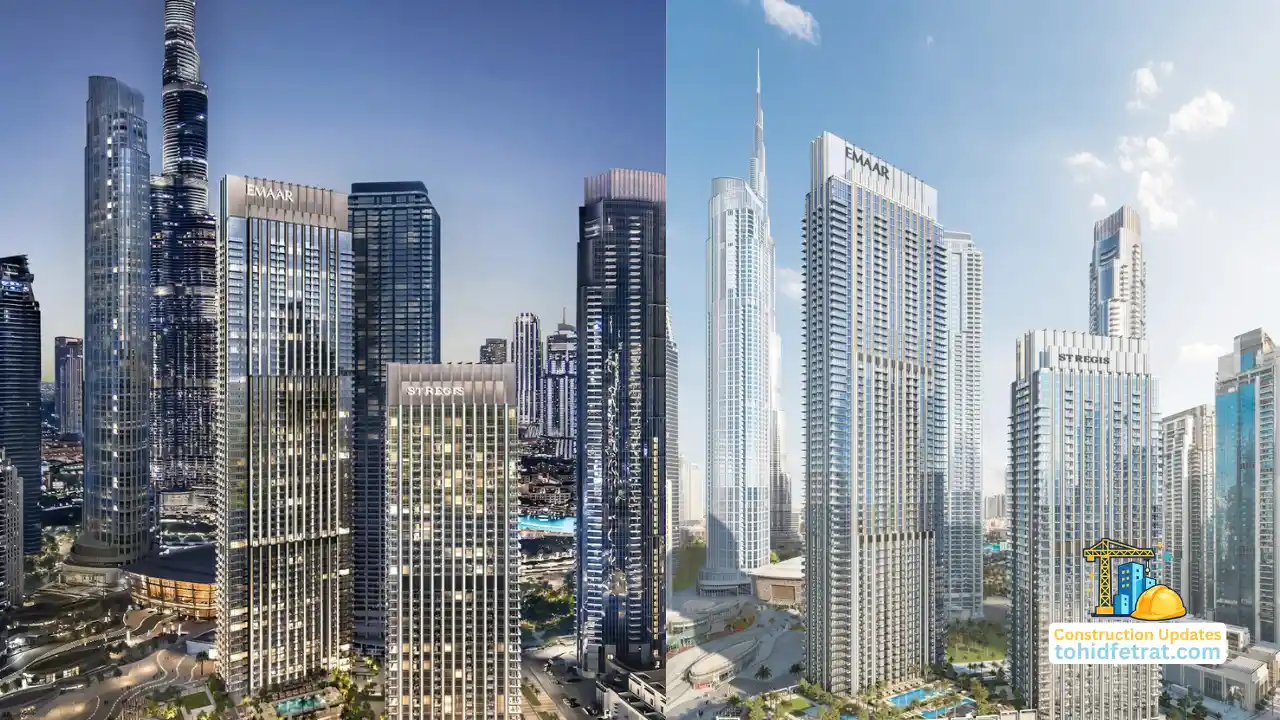 The St. Regis Residences Construction Updates featuring twin luxury residential towers within Downtown Dubai and surrounding high rise developments. Presented by Tohid Fetrat
