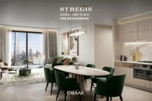 The St. Regis Residences Downtown Dubai by Emaar modern open plan living and dining area with city skyline views in Dubai - Presented by Tohid Fetrat