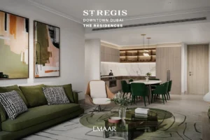 The St. Regis Residences Downtown Dubai by Emaar contemporary open plan living room and dining area with premium finishes in Dubai - Presented by Tohid Fetrat