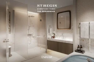 The St. Regis Residences Downtown Dubai by Emaar luxury bathroom with marble finishes, walk in shower, and premium fixtures in Dubai - Presented by Tohid Fetrat