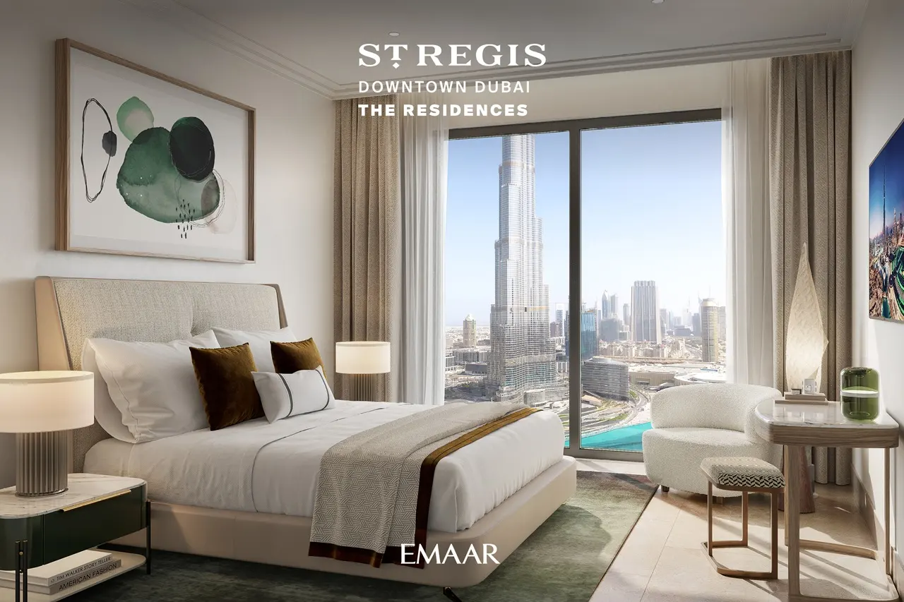 The St. Regis Residences Downtown Dubai by Emaar luxury bedroom with floor to ceiling windows and Burj Khalifa views in Dubai - Presented by Tohid Fetrat