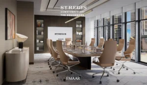 The St. Regis Residences Downtown Dubai by Emaar executive meeting room with contemporary business lounge design and floor to ceiling windows in Dubai - Presented by Tohid Fetrat