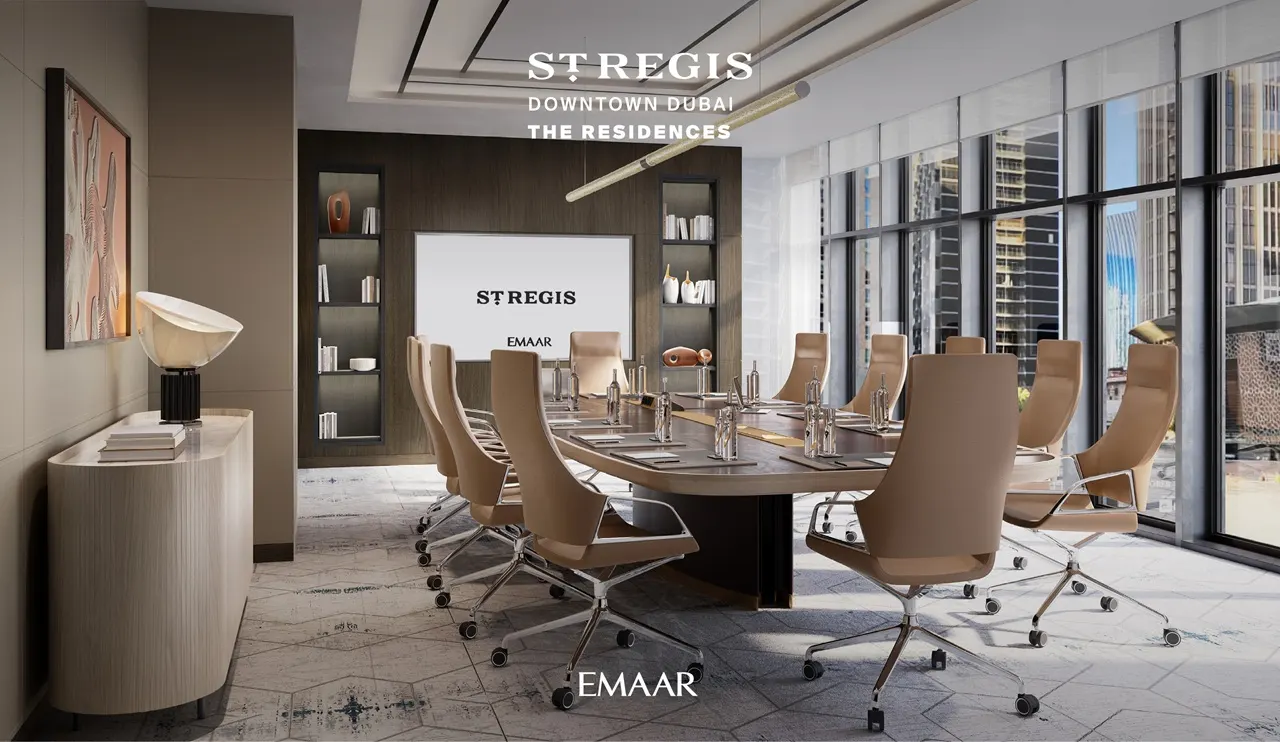 The St. Regis Residences Downtown Dubai by Emaar executive meeting room with contemporary business lounge design and floor to ceiling windows in Dubai - Presented by Tohid Fetrat