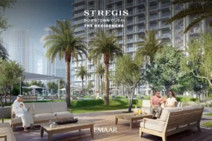 The St. Regis Residences Downtown Dubai by Emaar landscaped garden lounge with outdoor seating and palm lined surroundings in Dubai - Presented by Tohid Fetrat
