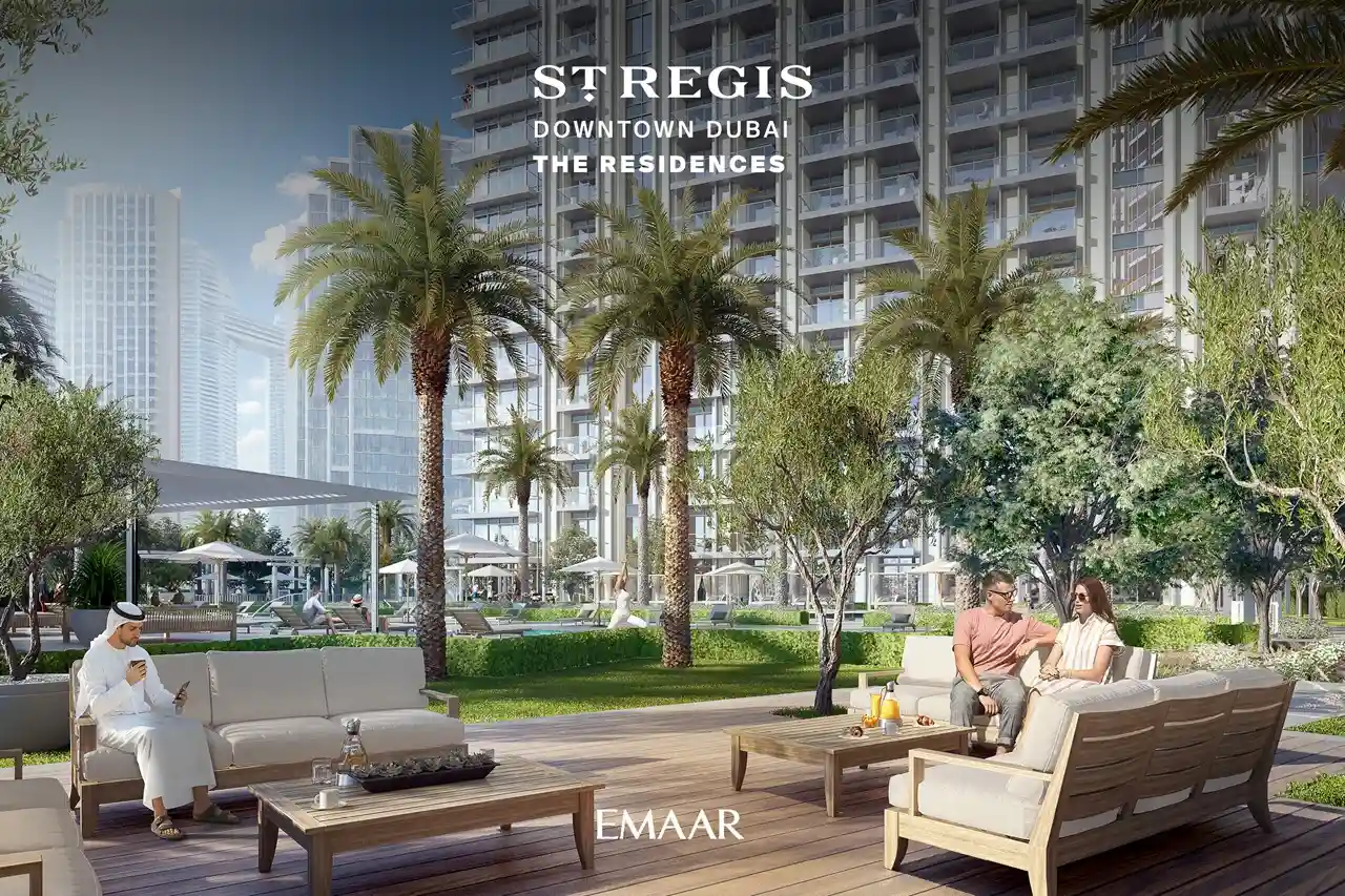 The St. Regis Residences Downtown Dubai by Emaar landscaped garden lounge with outdoor seating and palm lined surroundings in Dubai - Presented by Tohid Fetrat