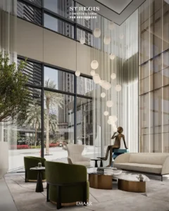 The St. Regis Residences Downtown Dubai by Emaar double height lobby lounge with designer furnishings and floor to ceiling glazing in Dubai - Presented by Tohid Fetrat
