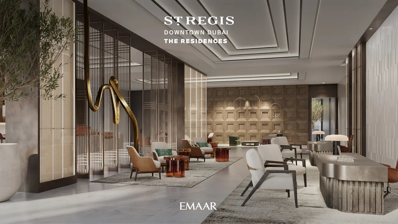 The St. Regis Residences Downtown Dubai by Emaar luxury lobby lounge with designer seating areas and refined hospitality interiors in Dubai - Presented by Tohid Fetrat