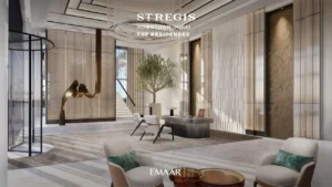 The St. Regis Residences Downtown Dubai by Emaar luxury lobby reception area with designer furnishings and elegant architectural details in Dubai - Presented by Tohid Fetrat