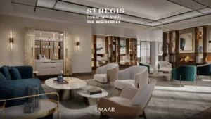 The St. Regis Residences Downtown Dubai by Emaar residents library lounge with elegant seating, curated shelving, and hospitality inspired interiors in Dubai - Presented by Tohid Fetrat