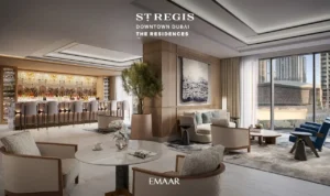 The St. Regis Residences Downtown Dubai by Emaar residents lounge with elegant seating areas, private bar, and contemporary interior design in Dubai - Presented by Tohid Fetrat