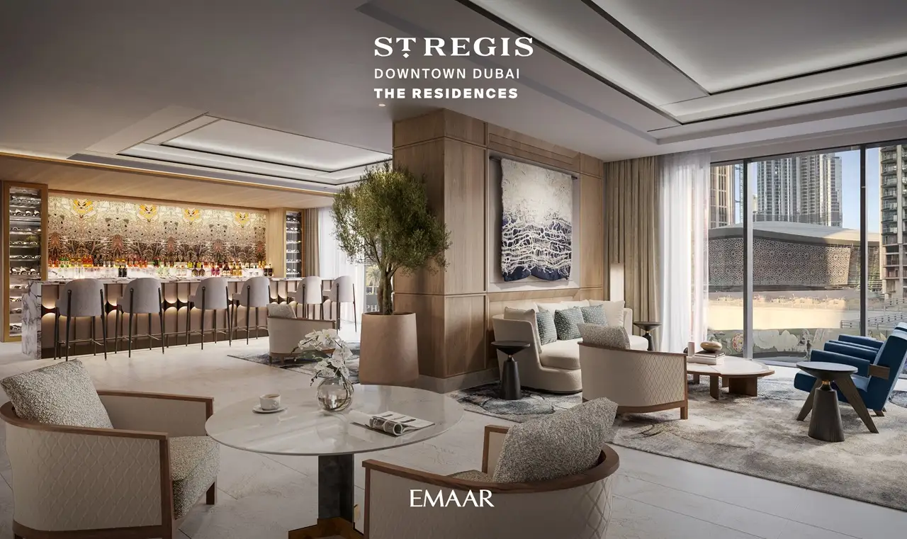 The St. Regis Residences Downtown Dubai by Emaar residents lounge with elegant seating areas, private bar, and contemporary interior design in Dubai - Presented by Tohid Fetrat