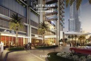 The St. Regis Residences Downtown Dubai by Emaar luxury retail boulevard with outdoor dining and landscaped pedestrian spaces in Dubai - Presented by Tohid Fetrat