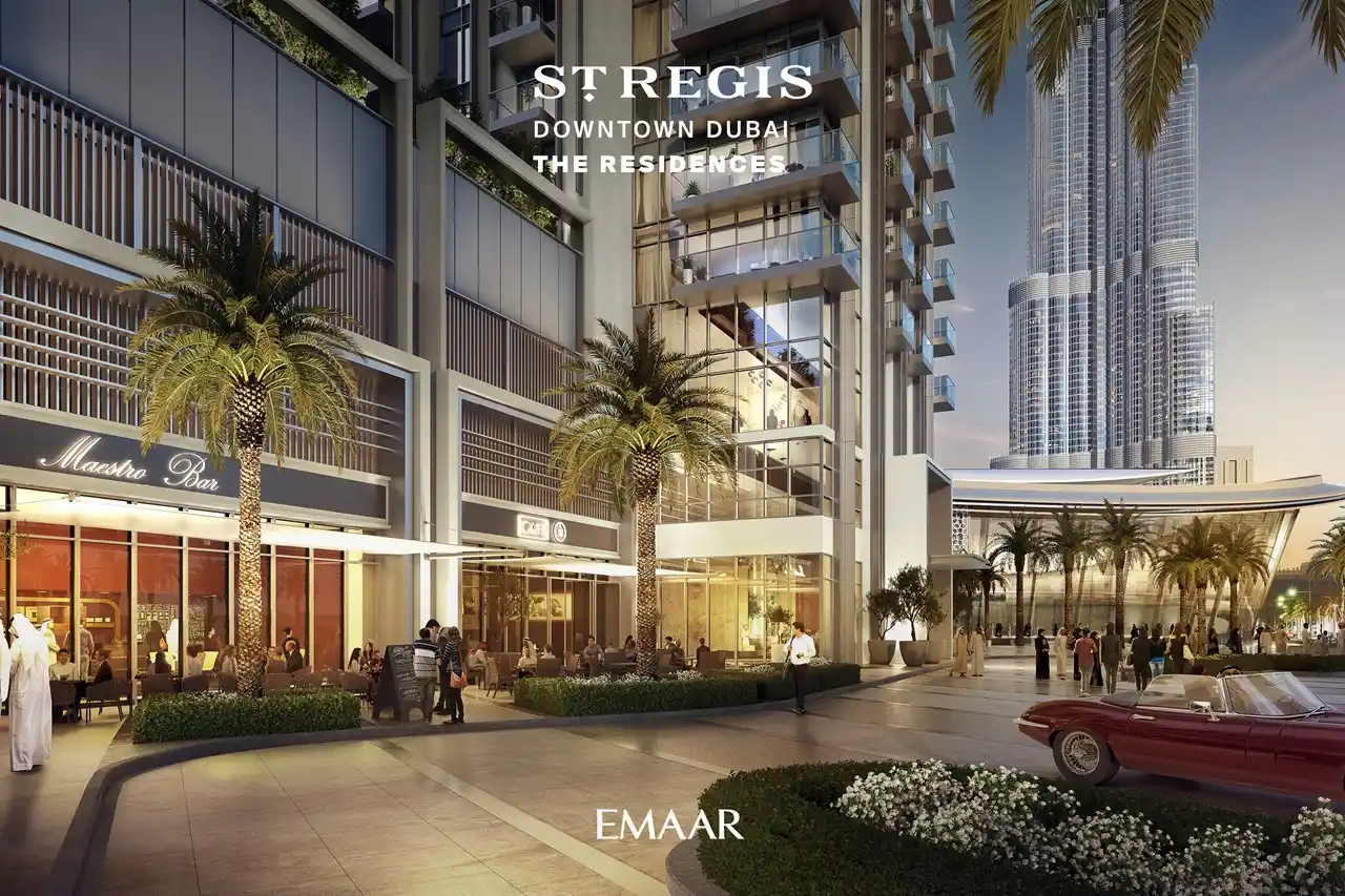 The St. Regis Residences Downtown Dubai by Emaar luxury retail boulevard with outdoor dining and landscaped pedestrian spaces in Dubai - Presented by Tohid Fetrat