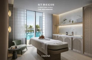The St. Regis Residences Downtown Dubai by Emaar luxury spa treatment room with contemporary wellness design and pool views in Dubai - Presented by Tohid Fetrat