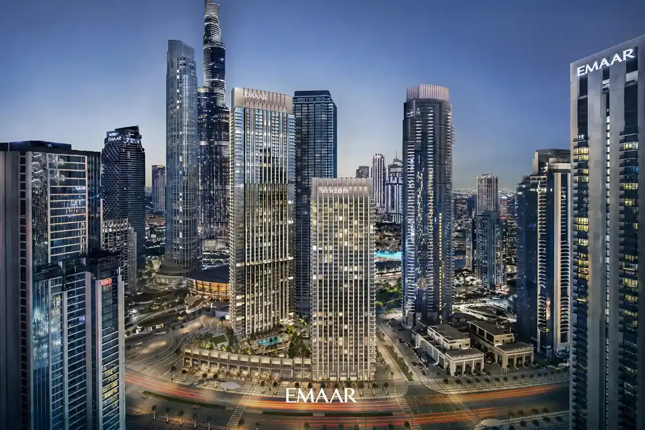 The St. Regis Residences Downtown Dubai by Emaar twin residential towers beside Burj Khalifa within the Downtown Dubai skyline in Dubai - Presented by Tohid Fetrat