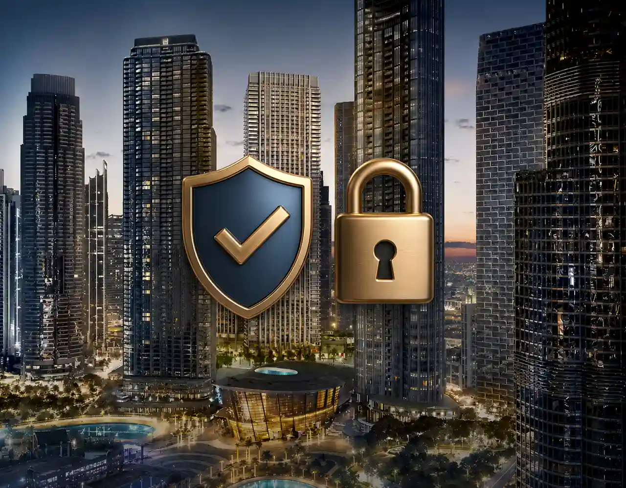 The St. Regis Residences escrow account illustration featuring luxury residential towers with security shield and lock symbols representing protected property investment in Downtown Dubai. Presented by Tohid Fetrat