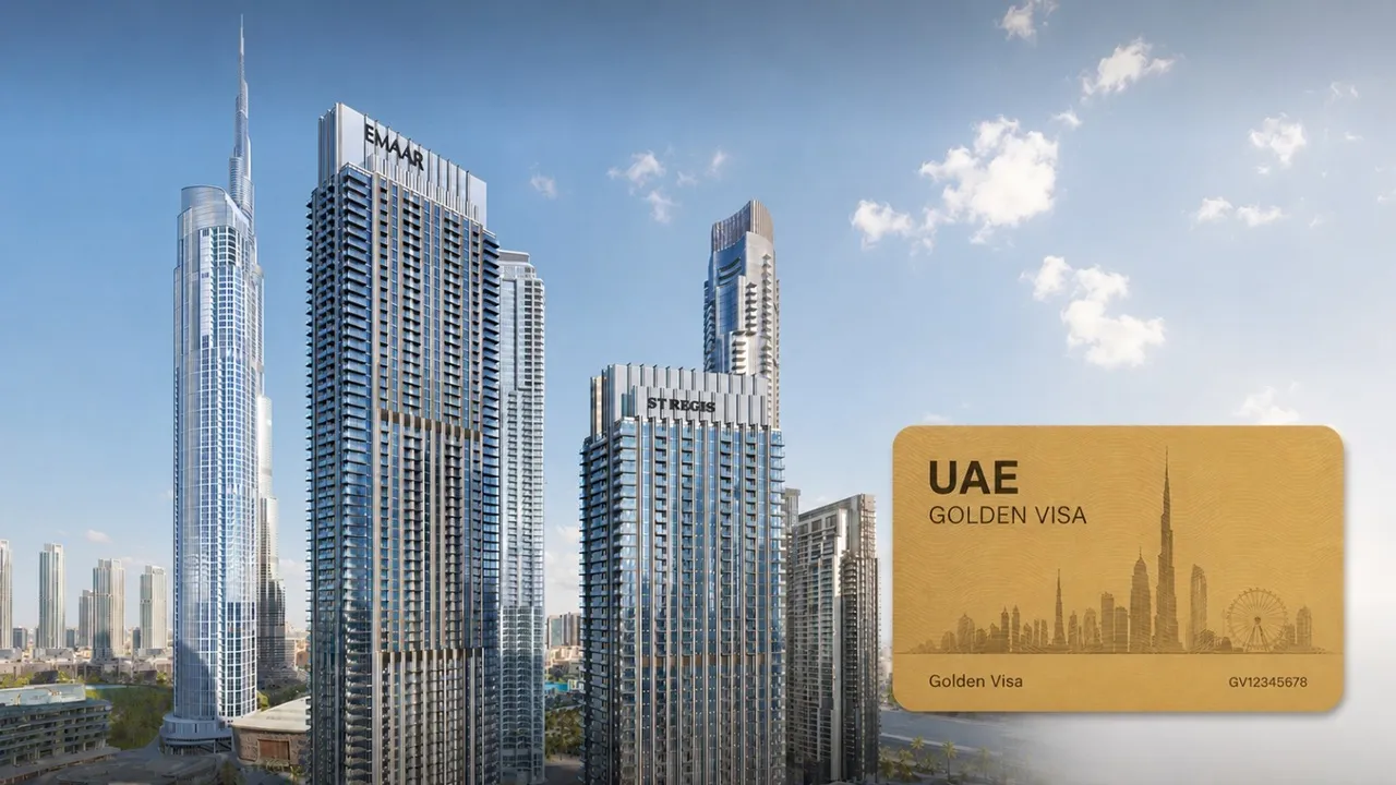 The St. Regis Residences Golden Visa illustration featuring luxury residential towers in Downtown Dubai alongside a UAE Golden Visa card representing property investment eligibility. Presented by Tohid Fetrat