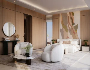 Tilal Binghatti Grand Mansion by Binghatti luxury bedroom suite with contemporary furnishings and warm wood finishes in Dubai - Presented by Tohid Fetrat