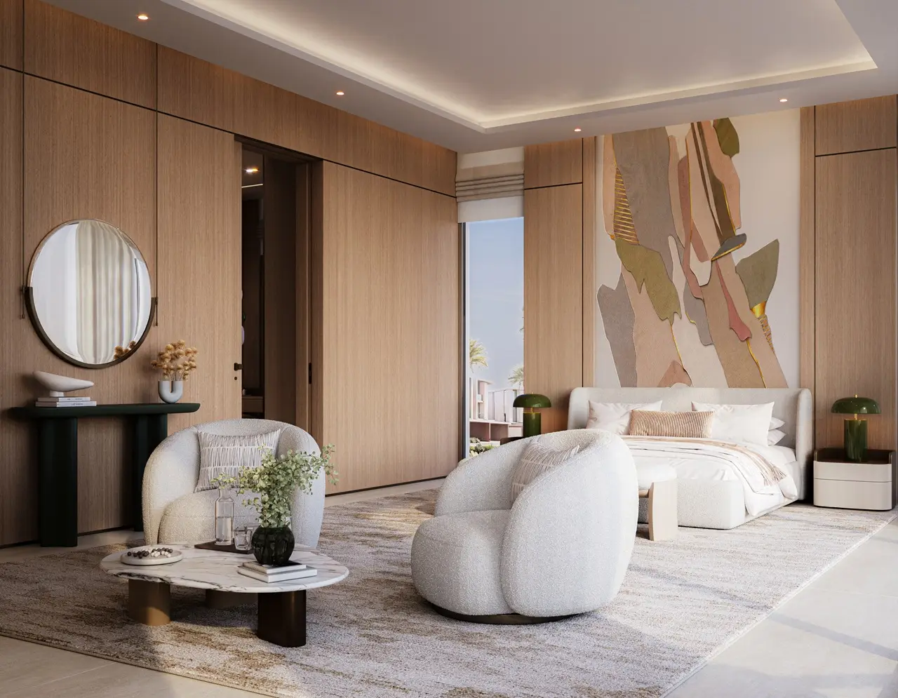 Tilal Binghatti Grand Mansion by Binghatti luxury bedroom suite with contemporary furnishings and warm wood finishes in Dubai - Presented by Tohid Fetrat