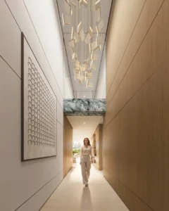 Tilal Binghatti Grand Mansion by Binghatti designer corridor interior with artistic chandelier and contemporary finishes in Dubai - Presented by Tohid Fetrat