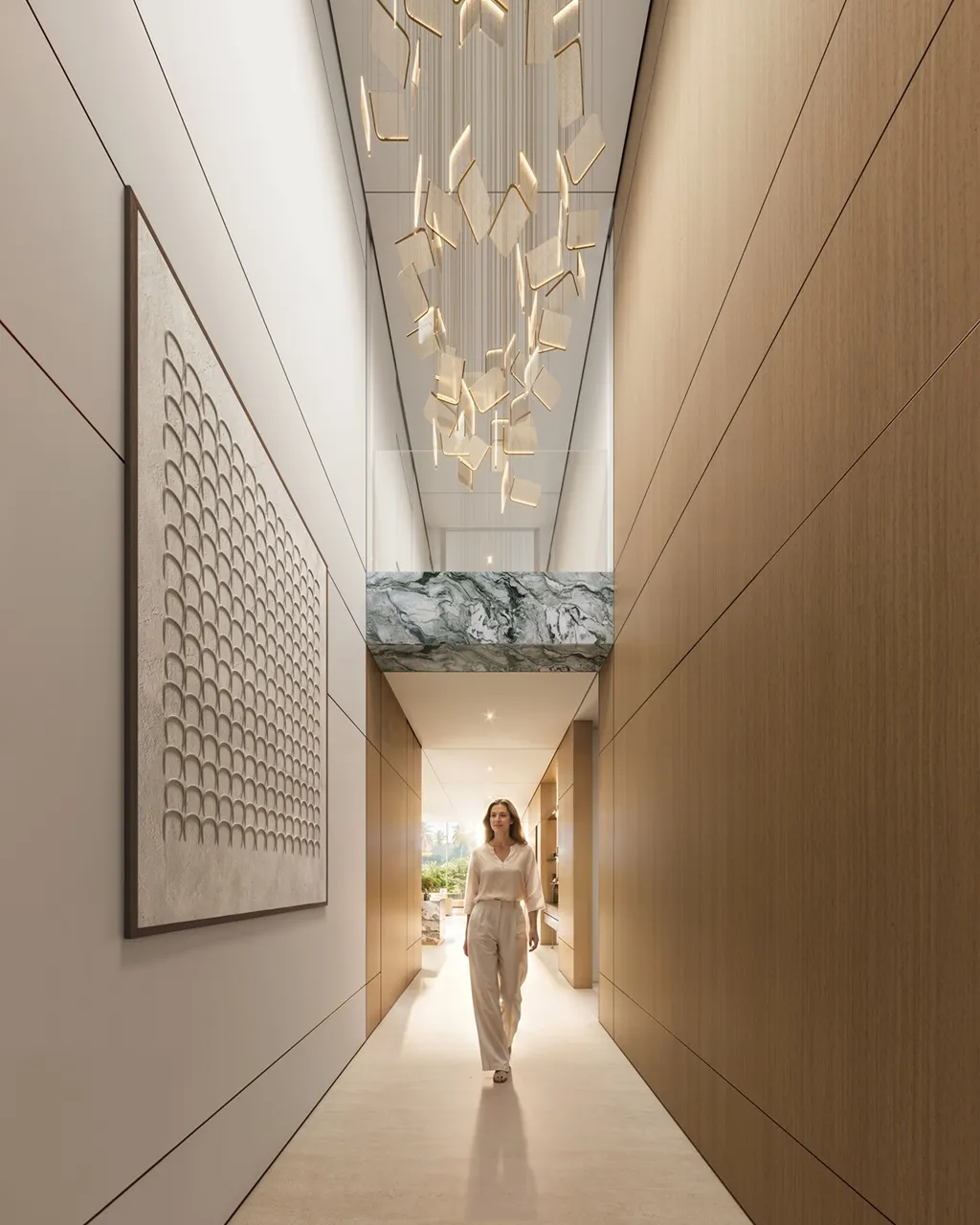 Tilal Binghatti Grand Mansion by Binghatti designer corridor interior with artistic chandelier and contemporary finishes in Dubai - Presented by Tohid Fetrat